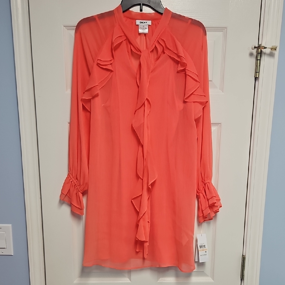 DKNY Sheer Long Sleeve‎ Tie Neck Ruffle A-line Dress: Coral Crush: Size- 2
